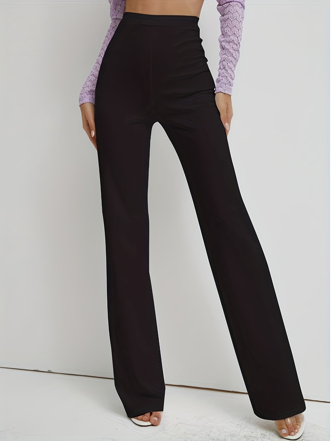 Solid Straight Leg Pants, Casual High Waist Work Pants, Women's Clothing
