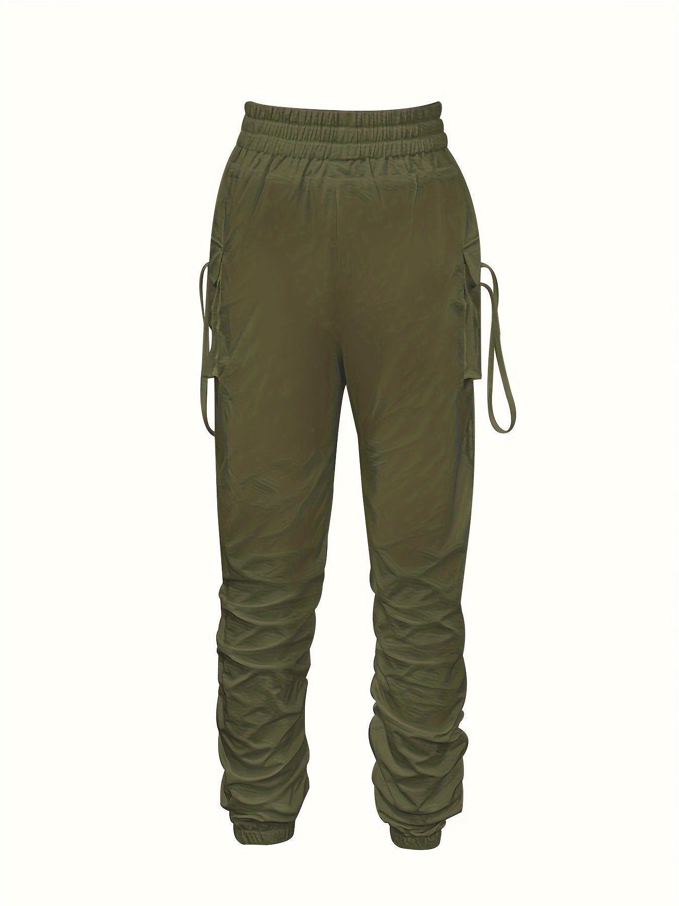 Solid Ruched Jogger Pants, Casual Flap Pocket Elastic Waist Cargo Pants, Women's Clothing
